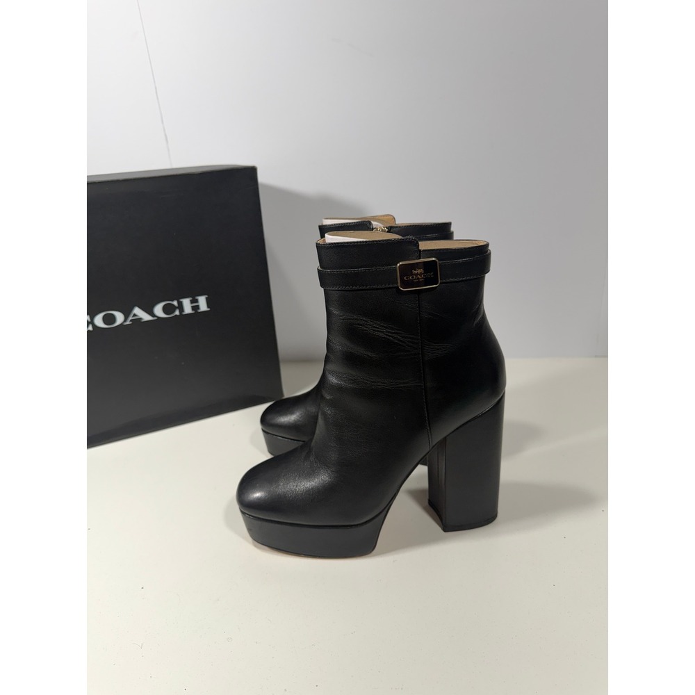 Coach Black Iliana Leather Platform Ankle Boots Block Heel Gold Logo‎ Buckle 8